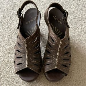 Dansko brand sandals with wood heels, size 38 (US8), brown leather/tan stitching